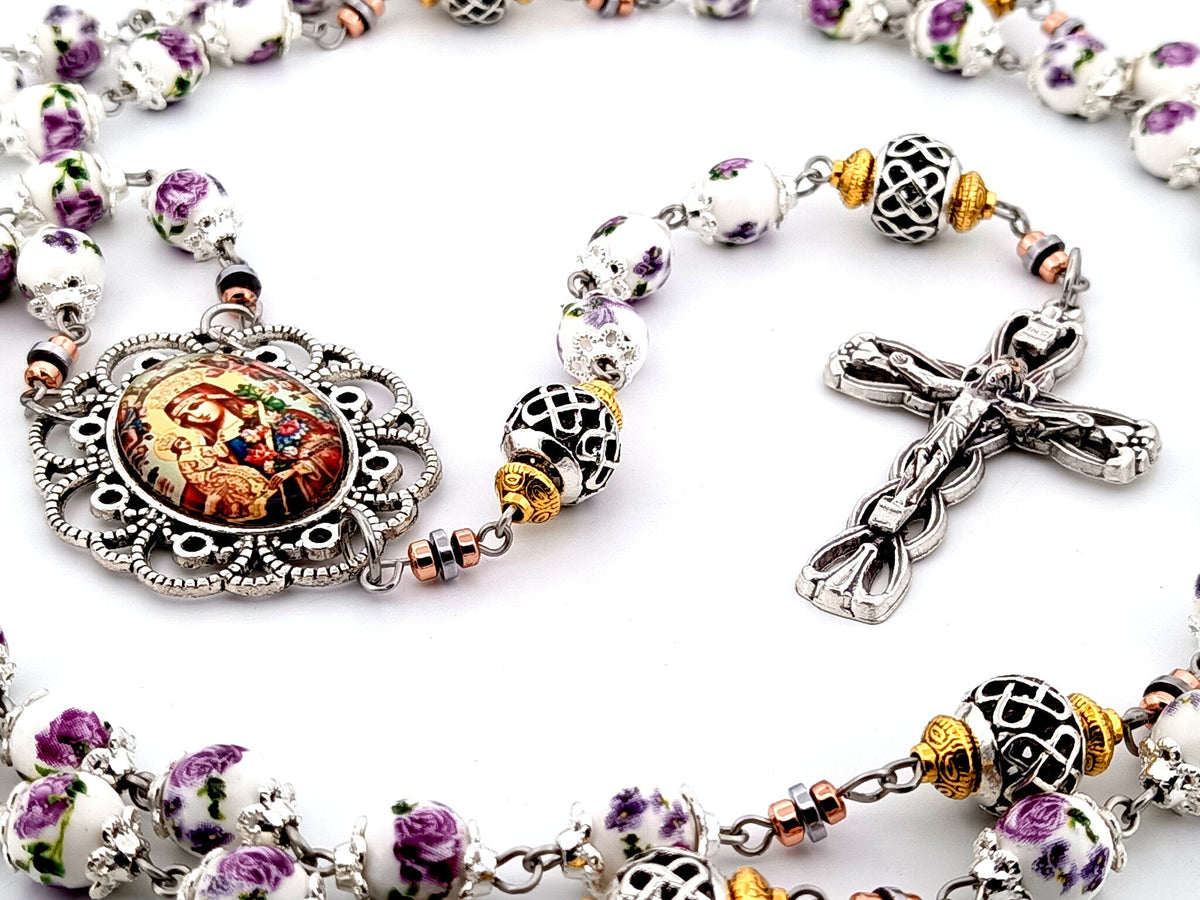 Our Lady of Perpetual Help purple floral porcelain and silver rosary beads with silver lily crucifix.