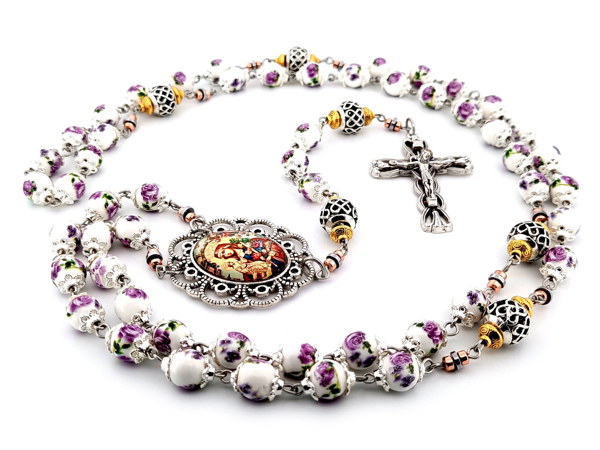 Our Lady of Perpetual Help purple floral porcelain and silver rosary beads with silver lily crucifix.