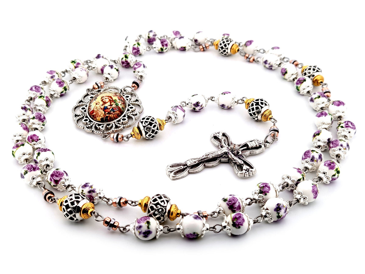 Our Lady of Perpetual Help purple floral porcelain and silver rosary beads with silver lily crucifix.