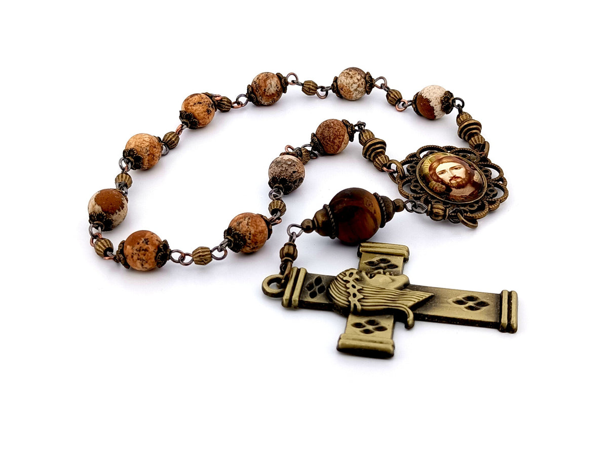 Christ Pantocrator icon matt jasper gemstone single decade rosary beads with brass crown of thorns crucifix.