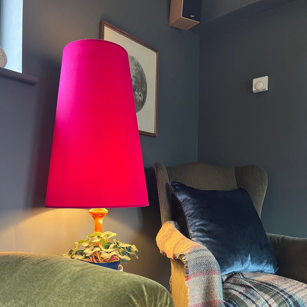 Cerise Pink Velvet Lampshade | Extra Tall Cone Light Shade | Bespoke Handmade UK