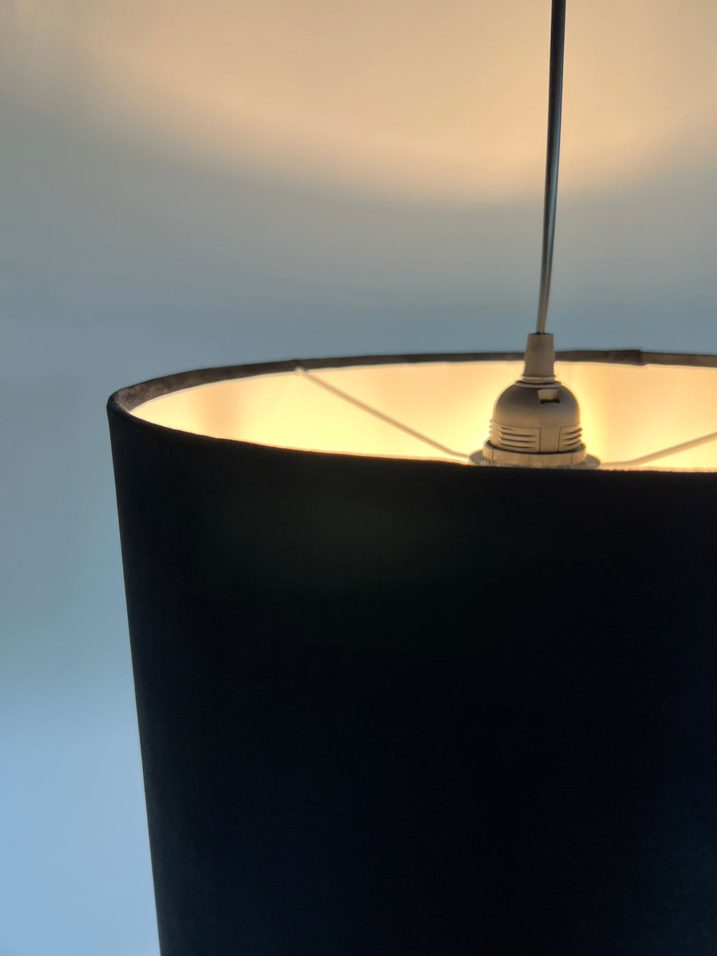 Black velvet drum lampshade/ ceiling shade with a white lining