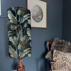 Navy Leaves Velvet cylinder lampshade, extra tall lampshade