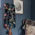 Birds velvet cylinder lampshade, in midnight, extra tall lampshade
