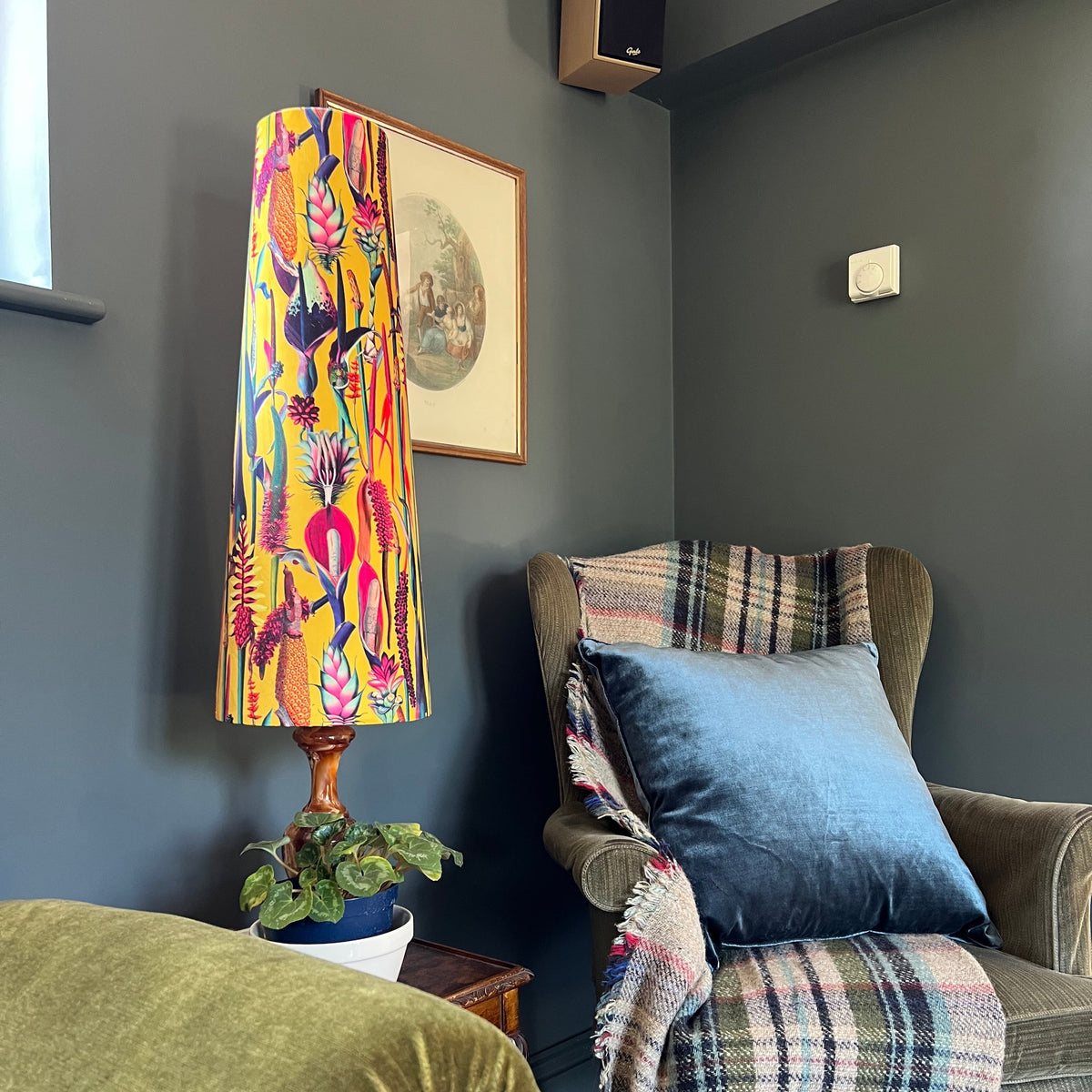 Botanical Mustard Velvet Lampshade | Extra Tall Cone Light Shade | Bespoke Handmade UK
