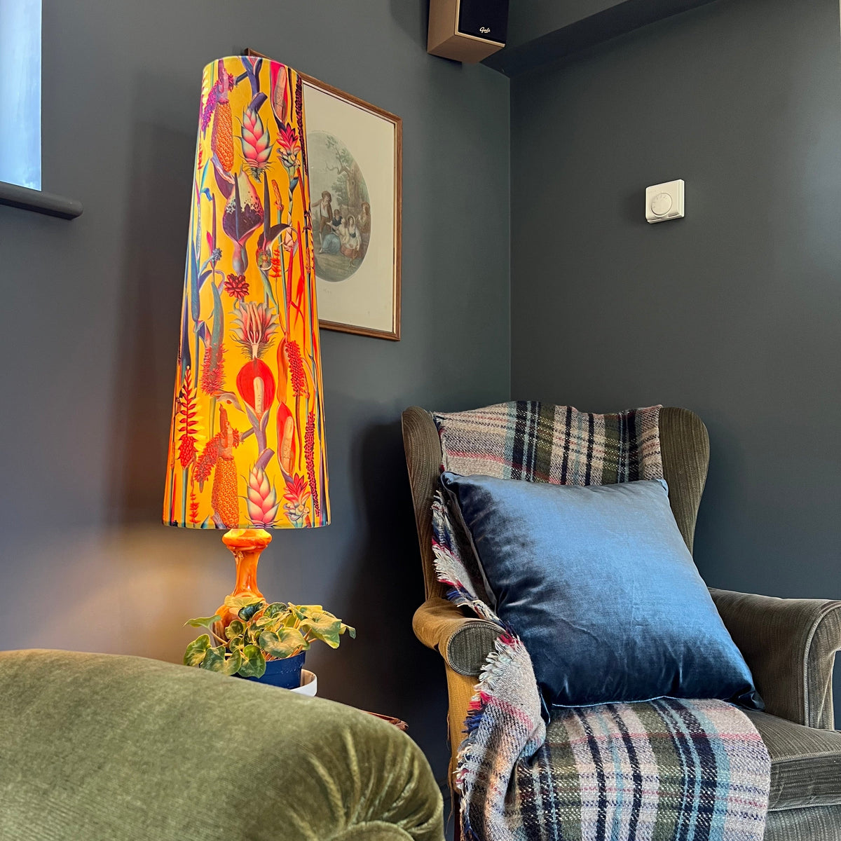 Botanical Mustard Velvet Lampshade | Extra Tall Cone Light Shade | Bespoke Handmade UK