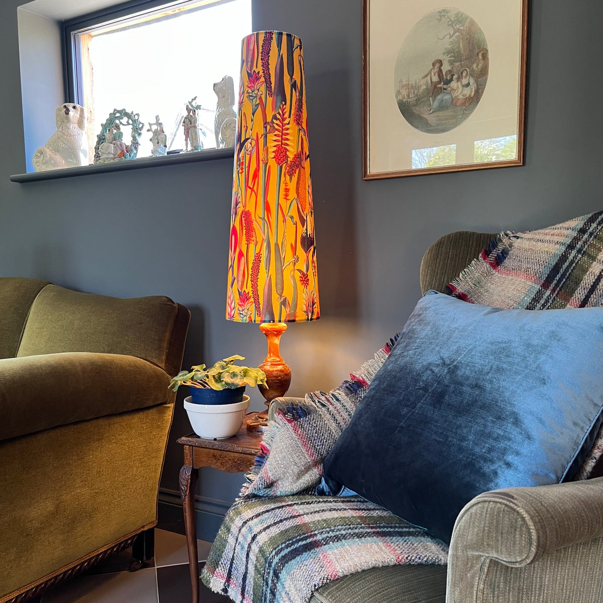 Botanical Mustard Velvet Lampshade | Extra Tall Cone Light Shade | Bespoke Handmade UK