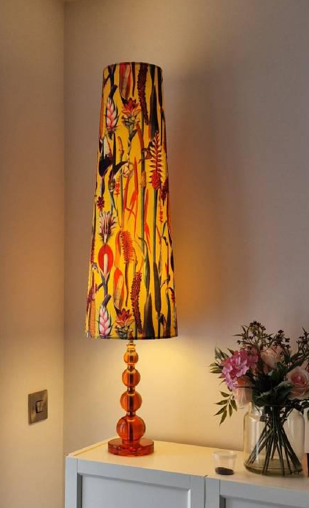 Botanical Mustard Velvet Lampshade | Extra Tall Cone Light Shade | Bespoke Handmade UK