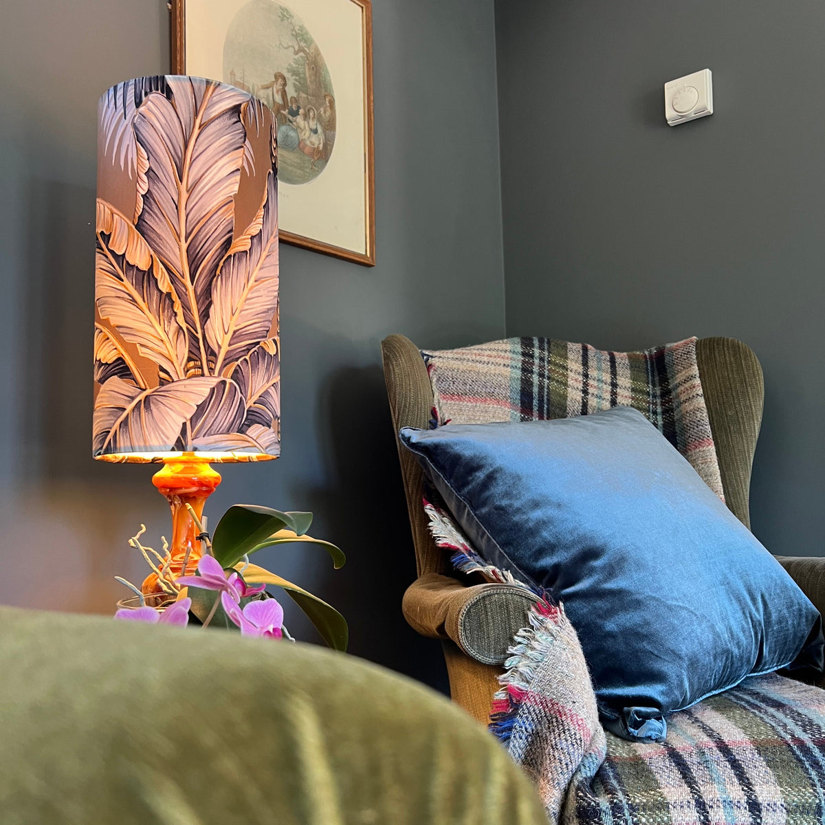 Tripura gold Leaves Velvet cylinder lampshade, extra tall lampshade