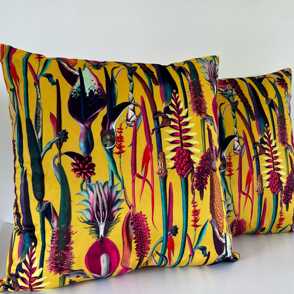 Botanical mustard velvet throw cushion