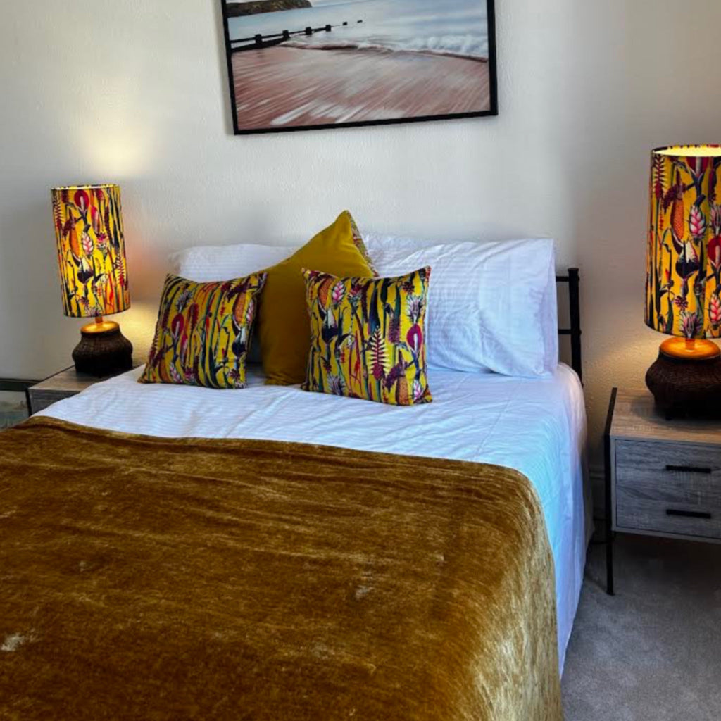 Botanical mustard velvet throw cushion