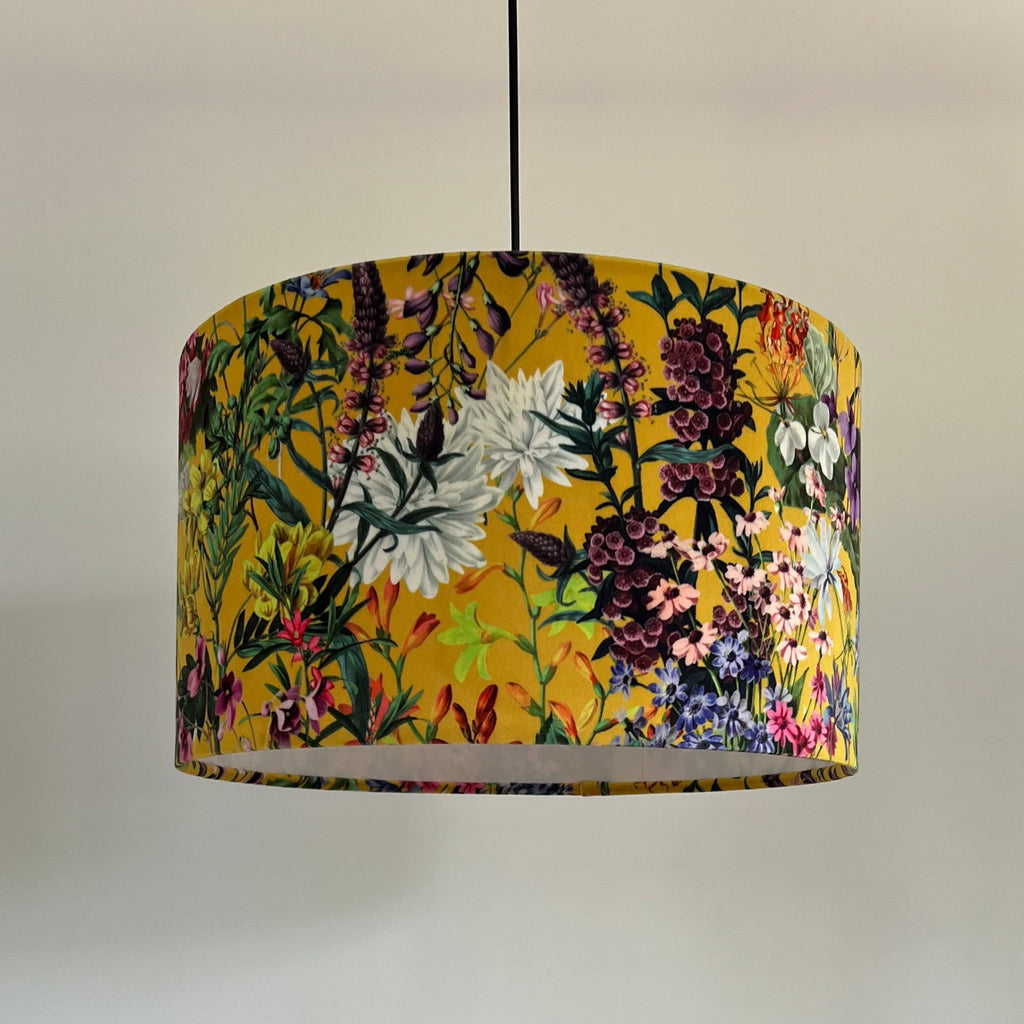 Mustard flowers velvet drum lampshade / ceiling shade with a white lining