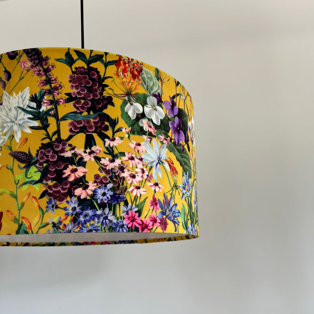 Mustard flowers velvet drum lampshade / ceiling shade with a white lining