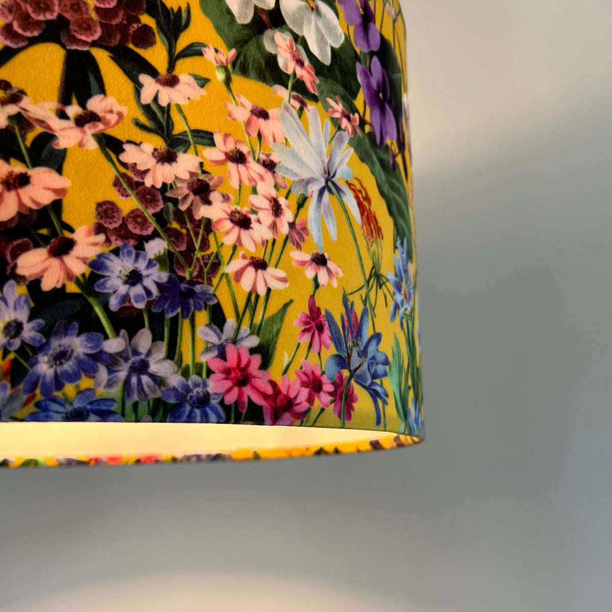 Mustard flowers velvet drum lampshade / ceiling shade with a white lining