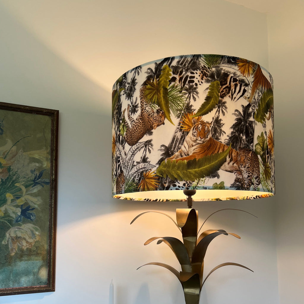 Tiger cheetah jungle velvet drum lampshade / ceiling shade, with a white lining