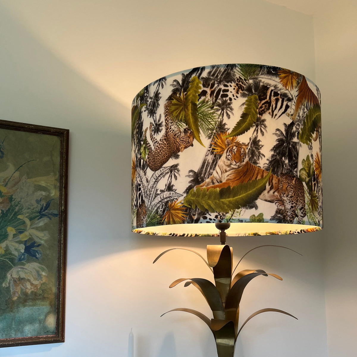 Tiger cheetah jungle velvet drum lampshade / ceiling shade, with a white lining