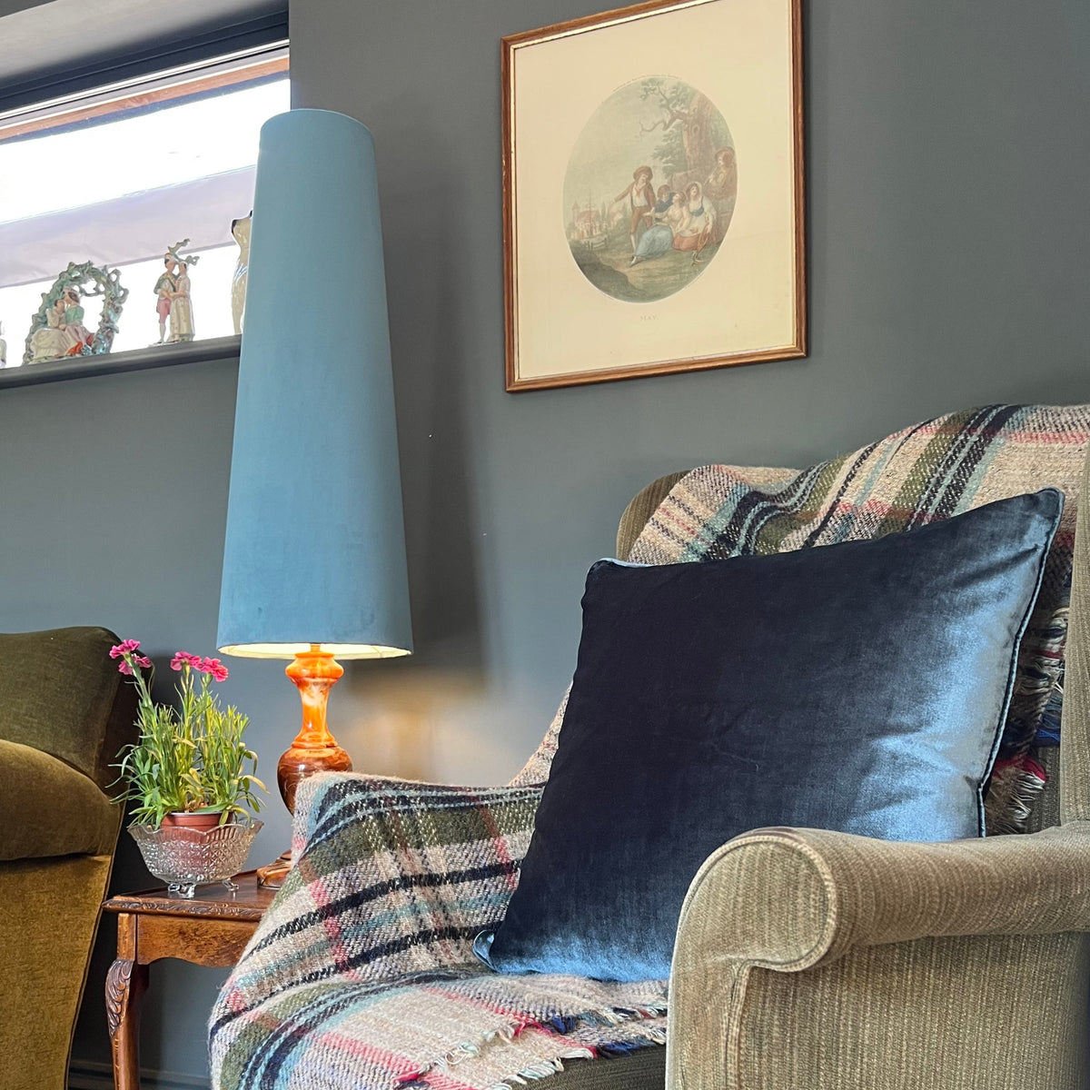 Teal Blue Velvet Lampshade | Extra Tall Cone Light Shade | Bespoke Handmade UK