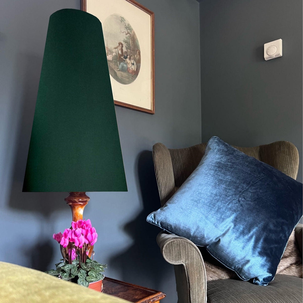 Green Velvet Lampshade | Extra Tall Cone Light Shade | Bespoke Handmade UK