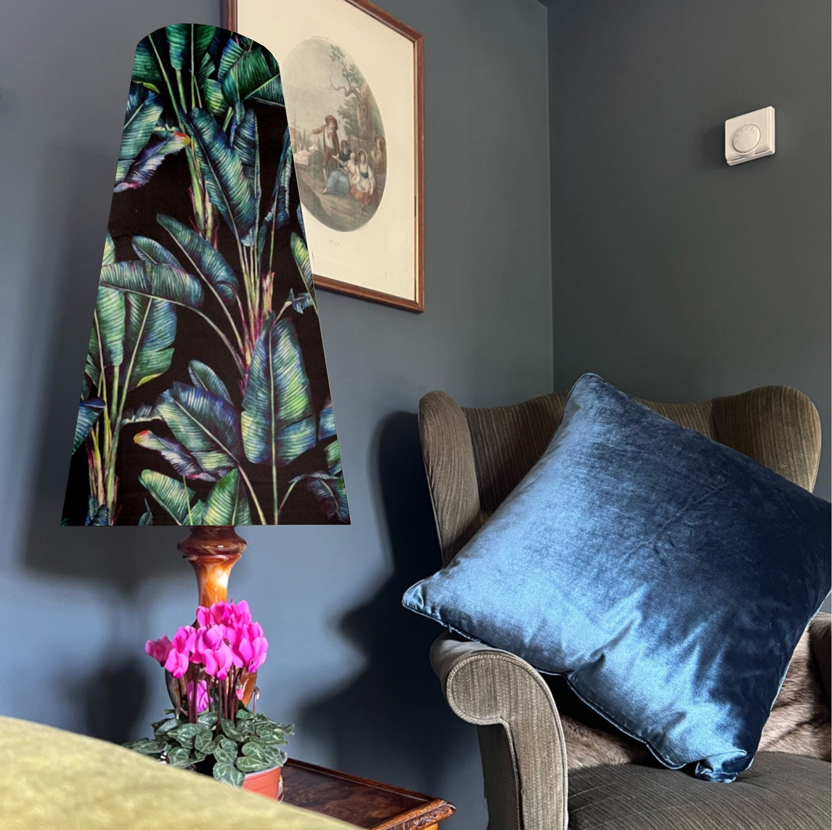 Black Leaves Velvet Lampshade | Extra Tall Cone Light Shade | Bespoke Handmade UK