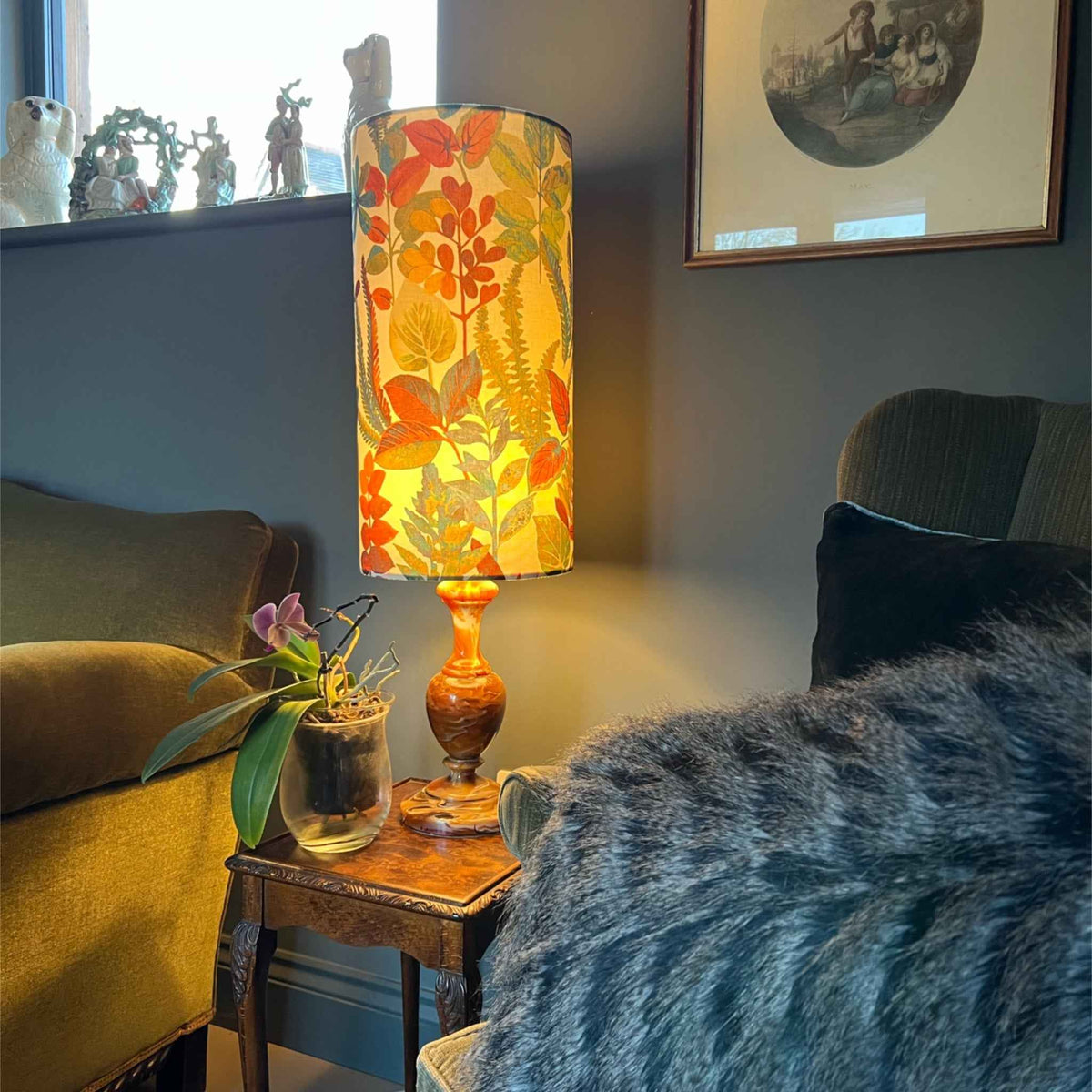 Autumn Leaves Cotton Lampshade | Extra Tall Cylinder Ceiling Light Shade | Bespoke Handmade UK
