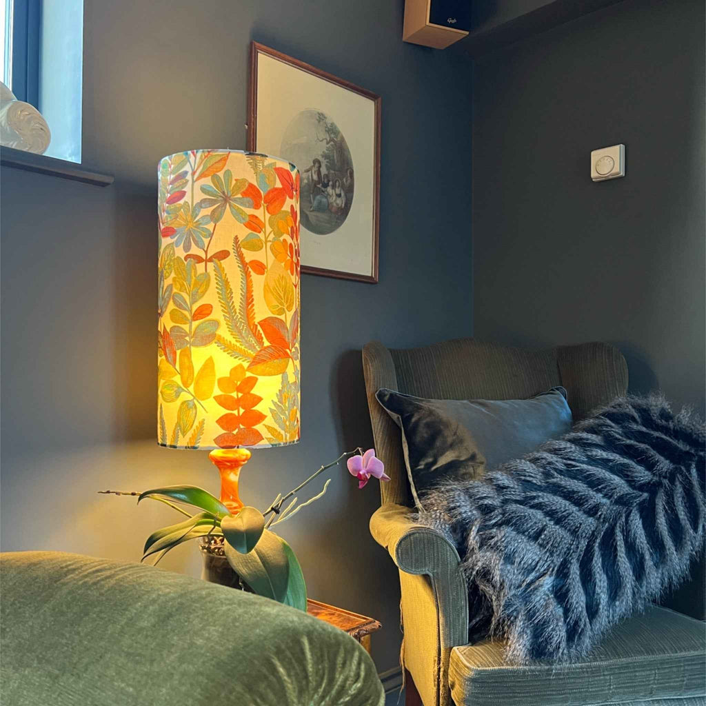 Autumn Leaves Cotton Lampshade | Extra Tall Cylinder Ceiling Light Shade | Bespoke Handmade UK