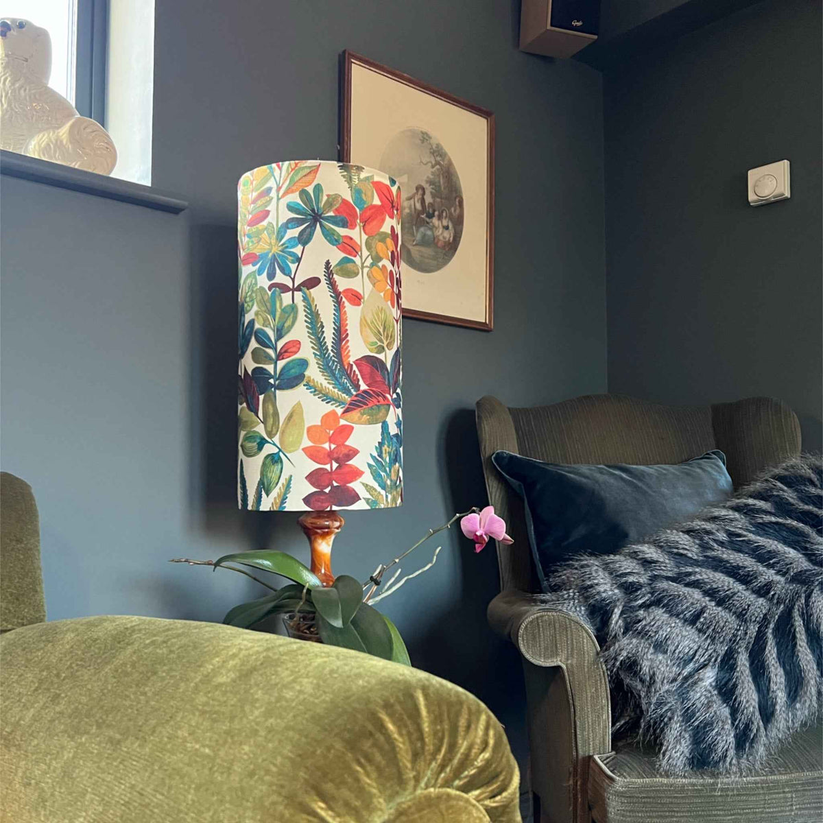 Autumn Leaves Cotton Lampshade | Extra Tall Cylinder Ceiling Light Shade | Bespoke Handmade UK