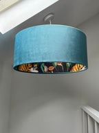 Teal velvet wonderland drum lampshade, double sided lampshade with wonderland paper interior