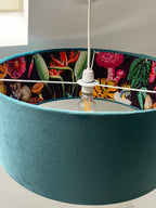 Teal velvet wonderland drum lampshade, double sided lampshade with wonderland paper interior