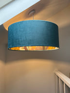 Teal velvet wonderland drum lampshade, double sided lampshade with wonderland paper interior