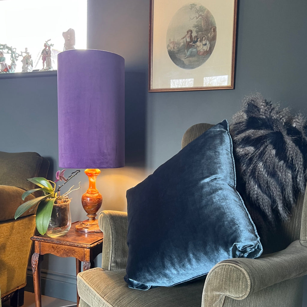 Purple Velvet Cylinder Lampshade | Extra Tall Drum Light Shade | Handmade UK