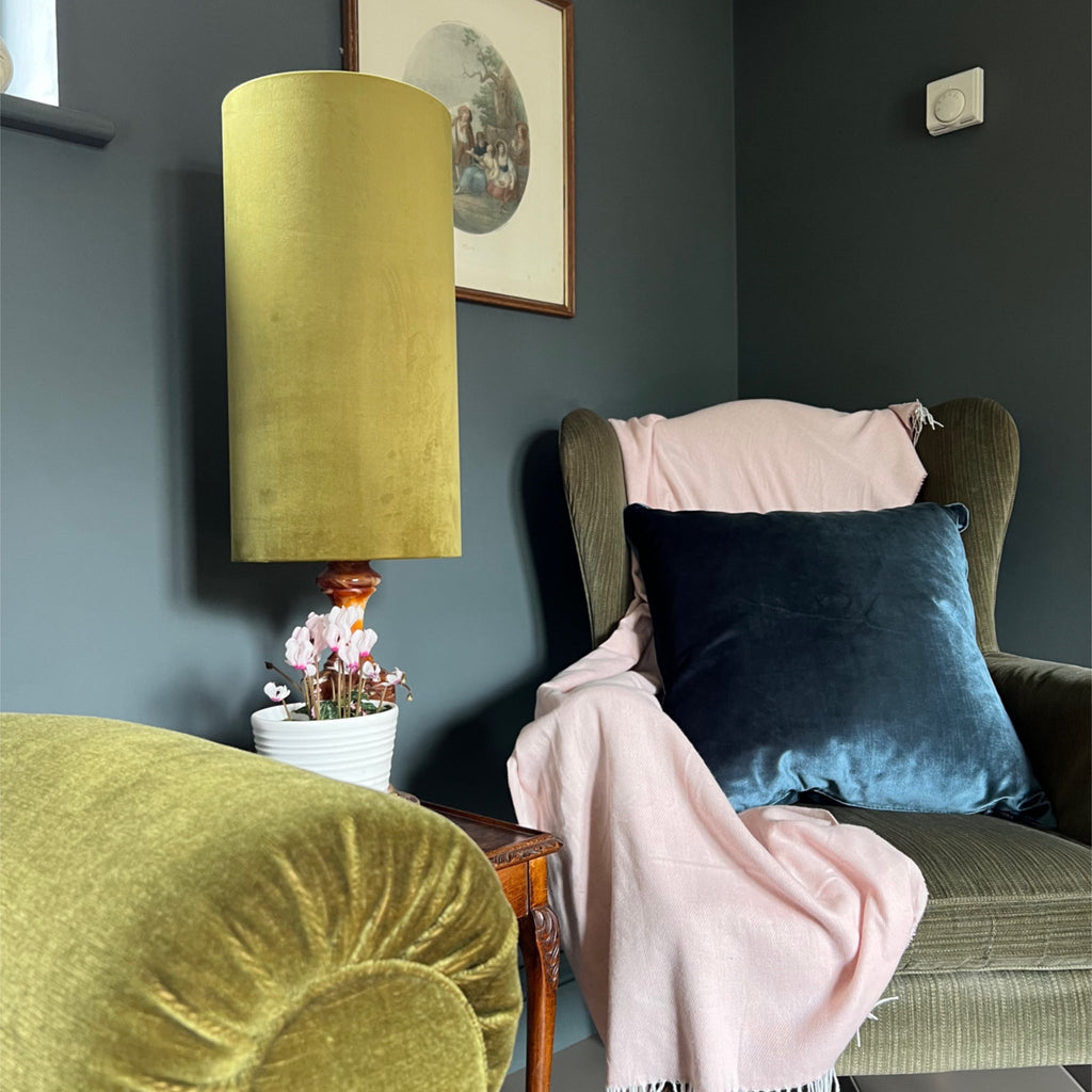 Olive Green Velvet Cylinder Lampshade | Extra Tall Drum Light Shade | Handmade UK