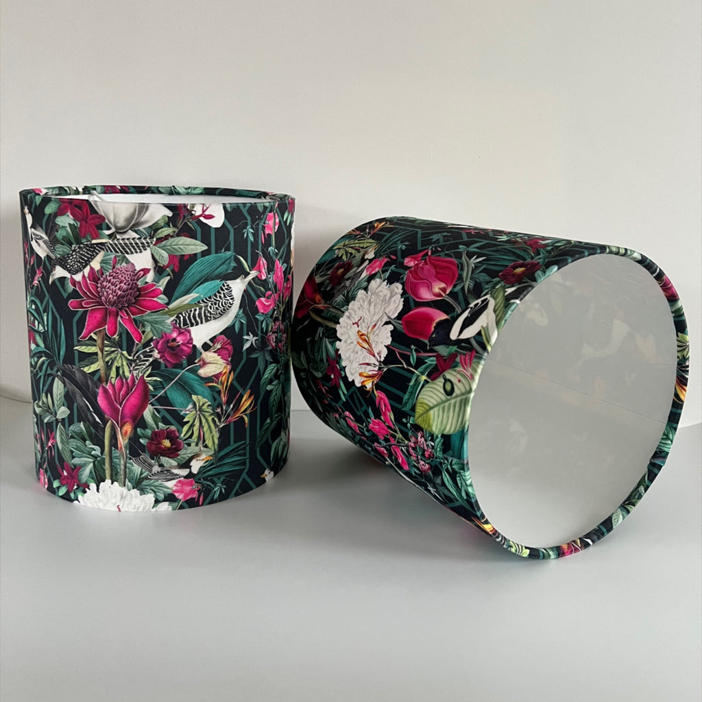 Botanical geometric black velvet lampshade / ceiling shade, with a white lining