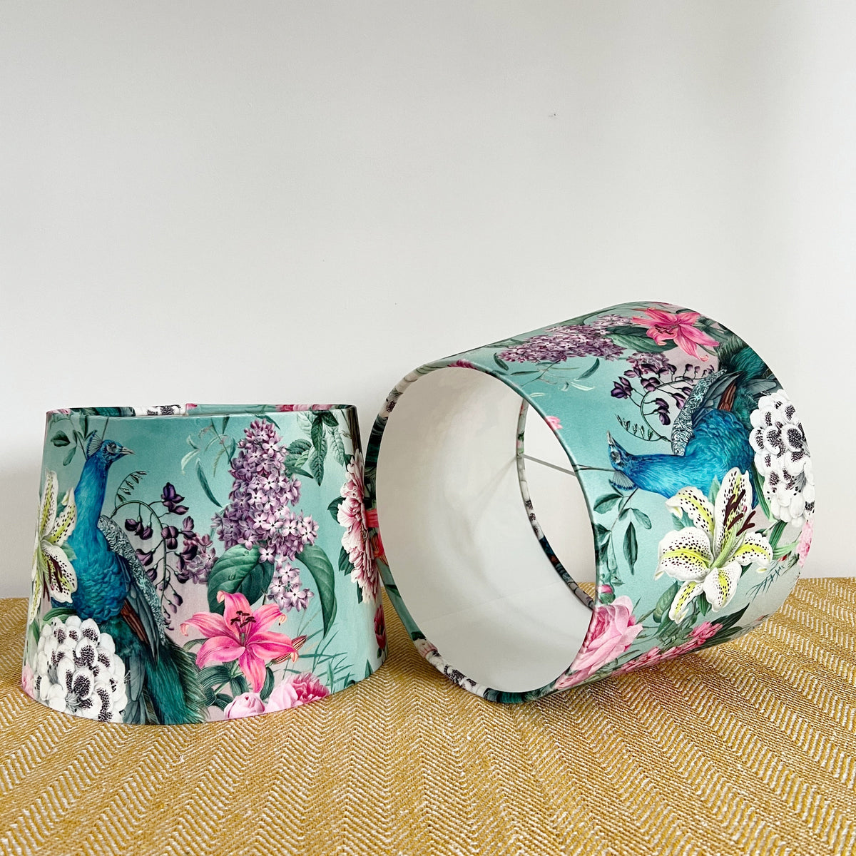 Duck Egg Peacock Floral Velvet French Drum Lampshade | Handmade Ceiling Light Shade | UK