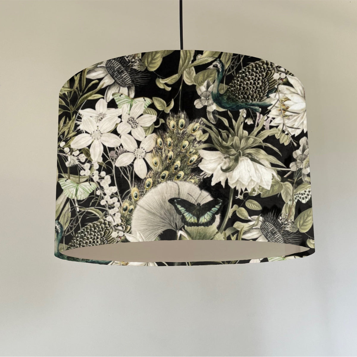 Peacock butterfly velvet in black, drum lampshade/ ceiling shade, with a white lining