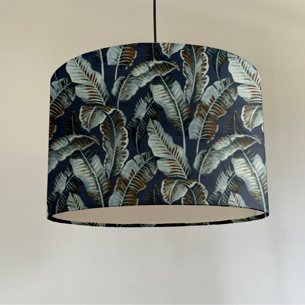 Navy leaves velvet, drum lampshade /ceiling shade with a white lining