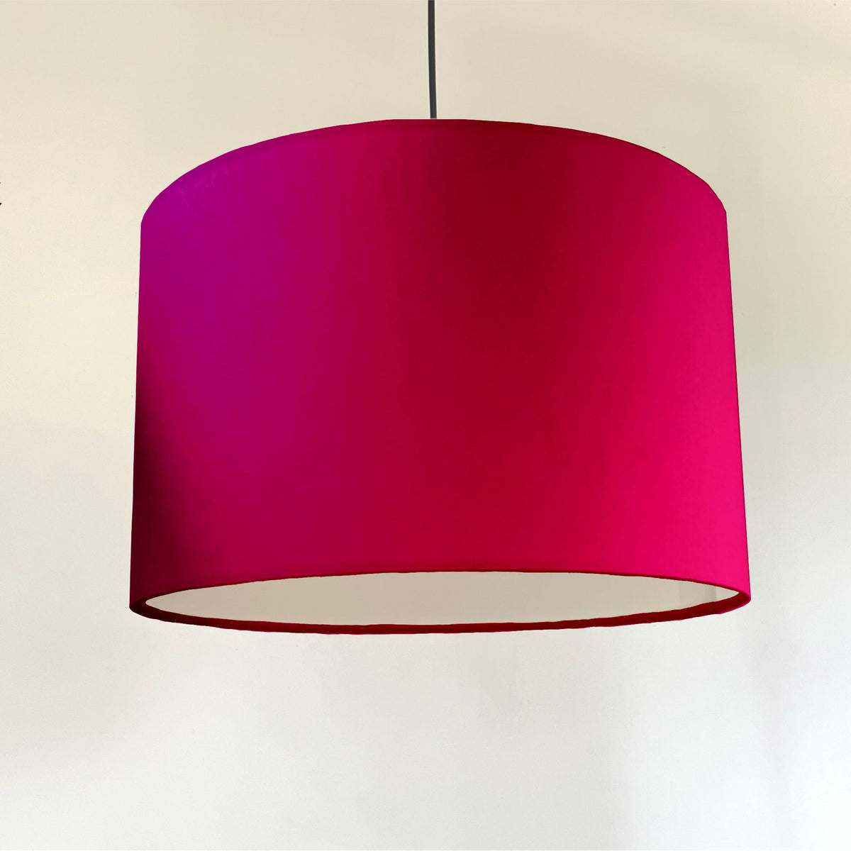 Cerise pink velvet drum lampshade/ ceiling shade with a white lining