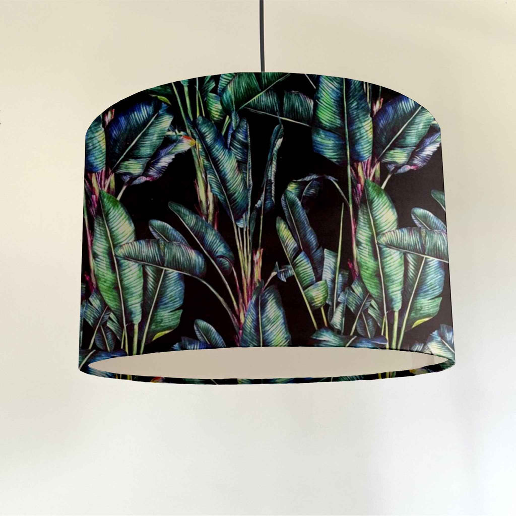 Leaves velvet in black, drum lampshade / ceiling shade, with a white lining