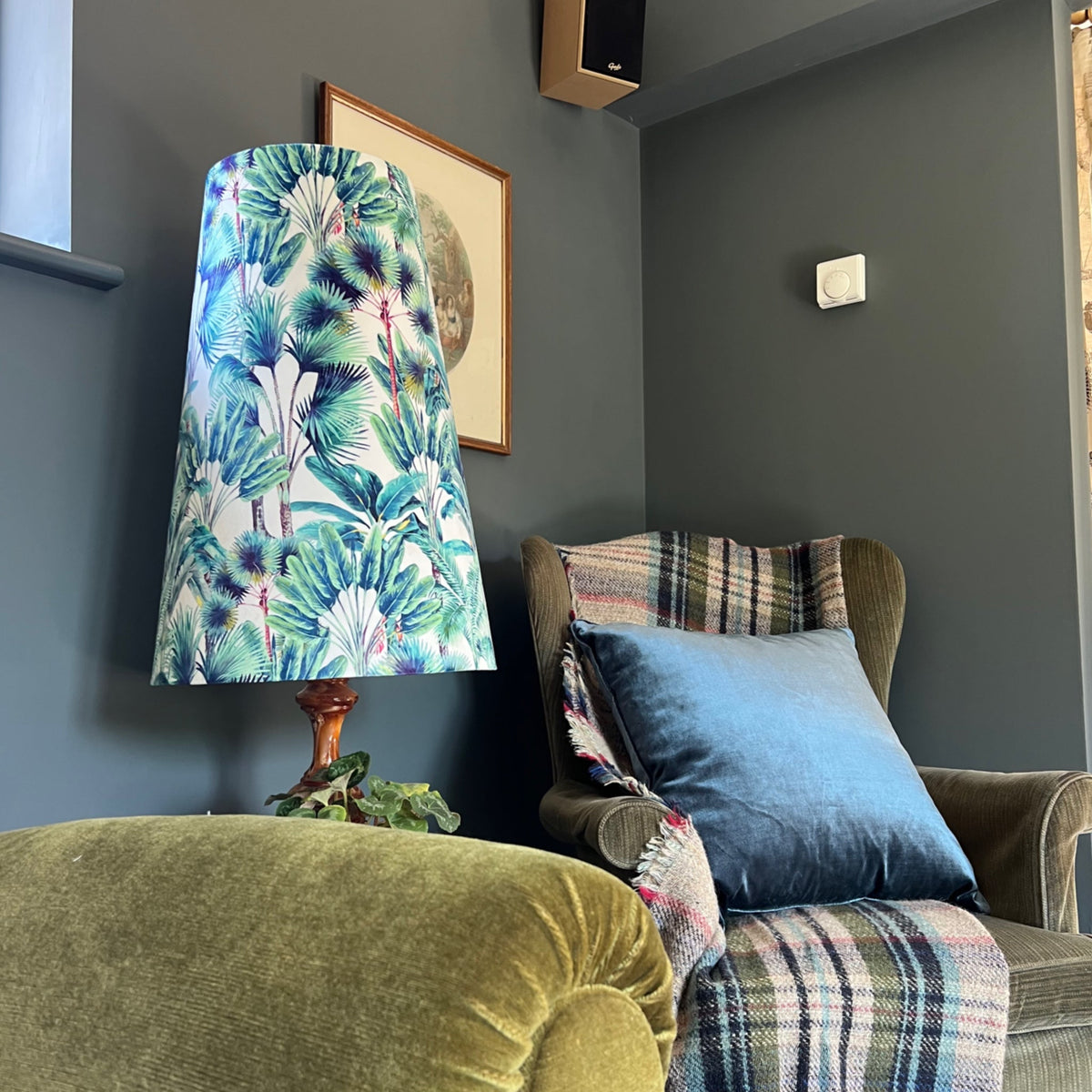 Tropical palm leaves velvet cone lampshade, extra tall lampshade