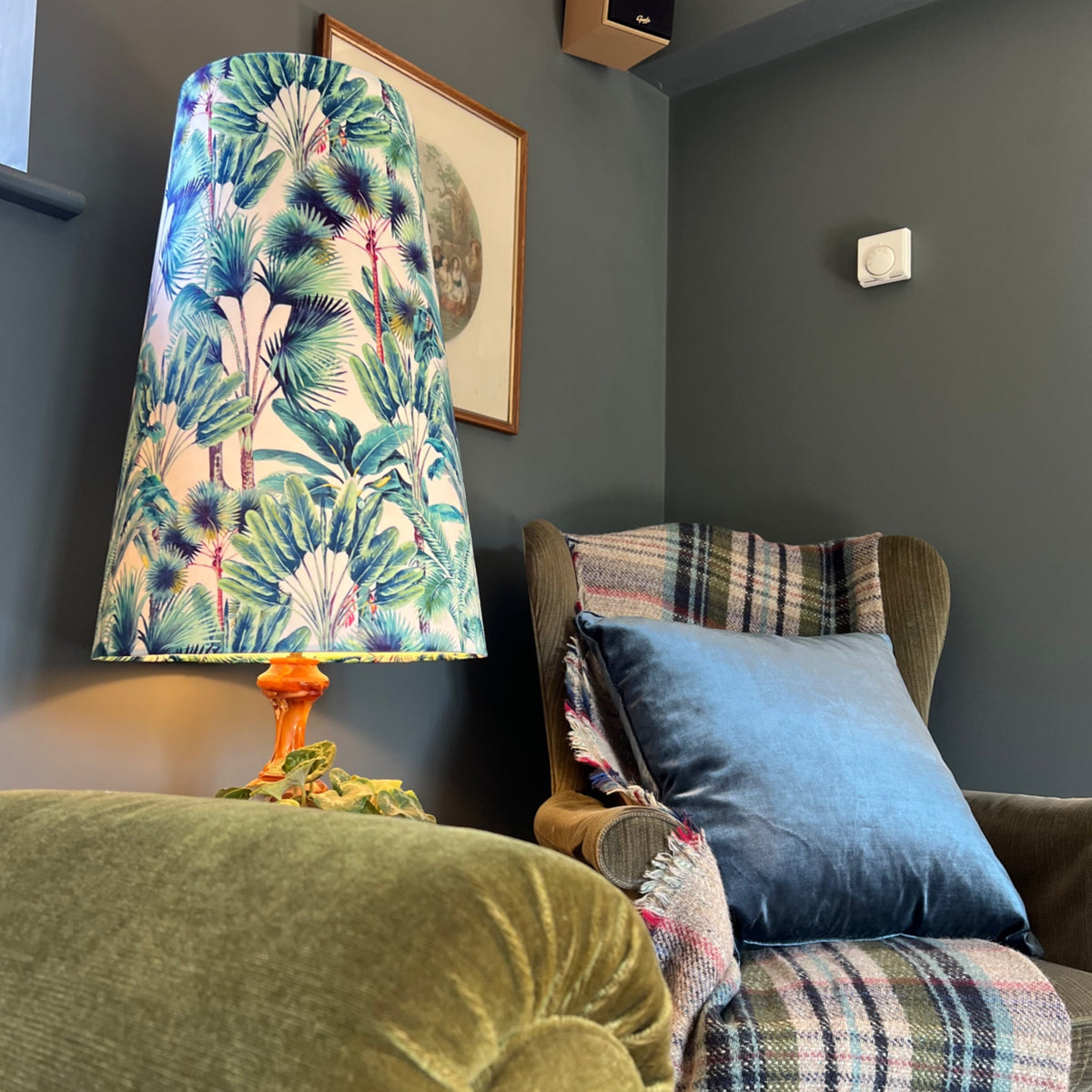 Tropical palm leaves velvet cone lampshade, extra tall lampshade