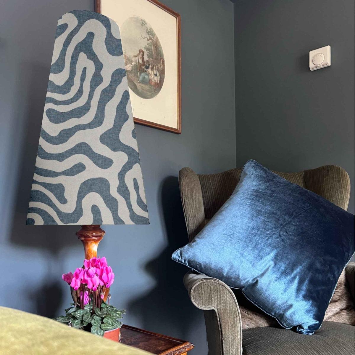 Blue wiggle cone lampshade, extra tall lampshade