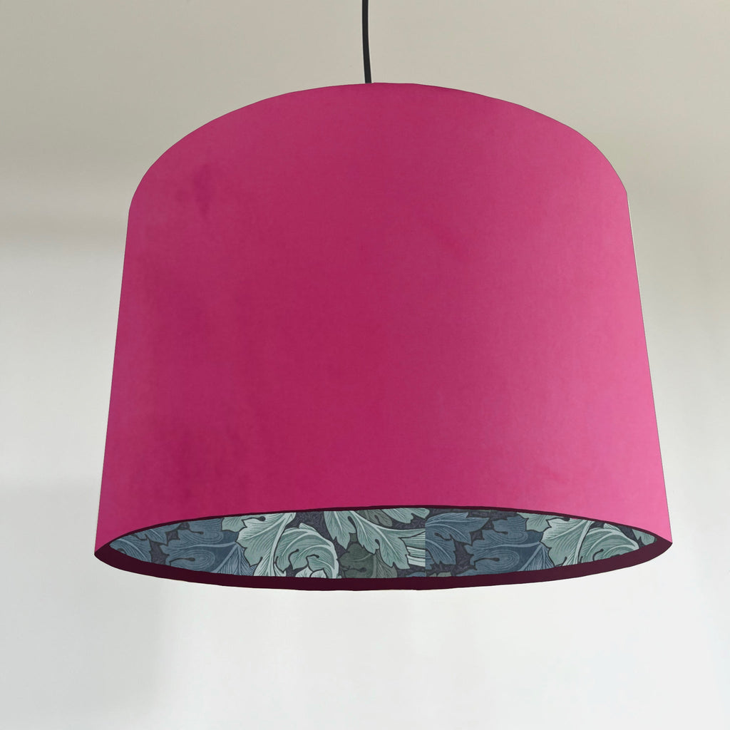 Hot Pink velvet drum lampshade/ ceiling light shade with blue leaves paper interior