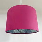 Hot Pink velvet drum lampshade/ ceiling light shade with blue leaves paper interior
