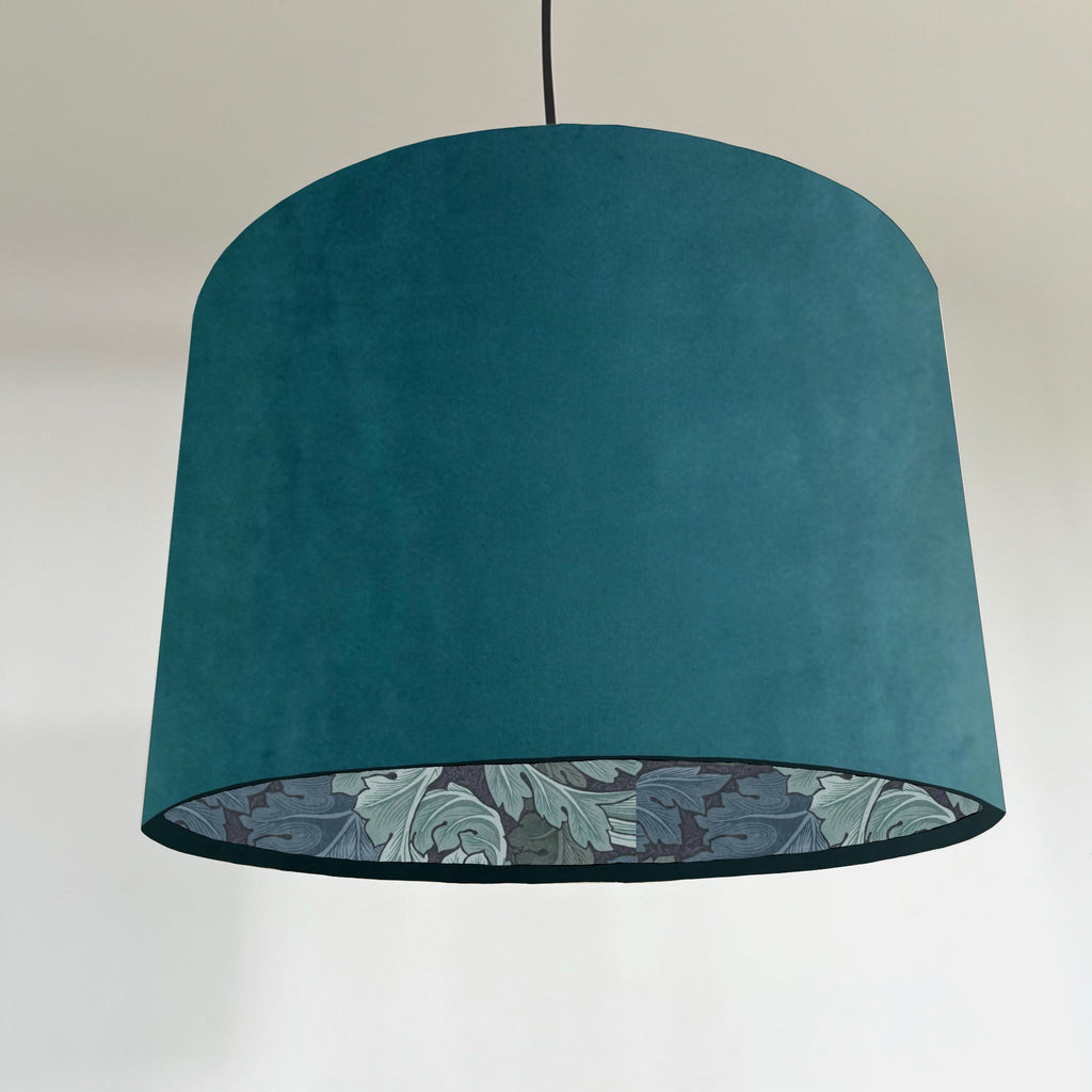 Teal velvet drum lampshade/ ceiling light shade with blue leaves paper interior
