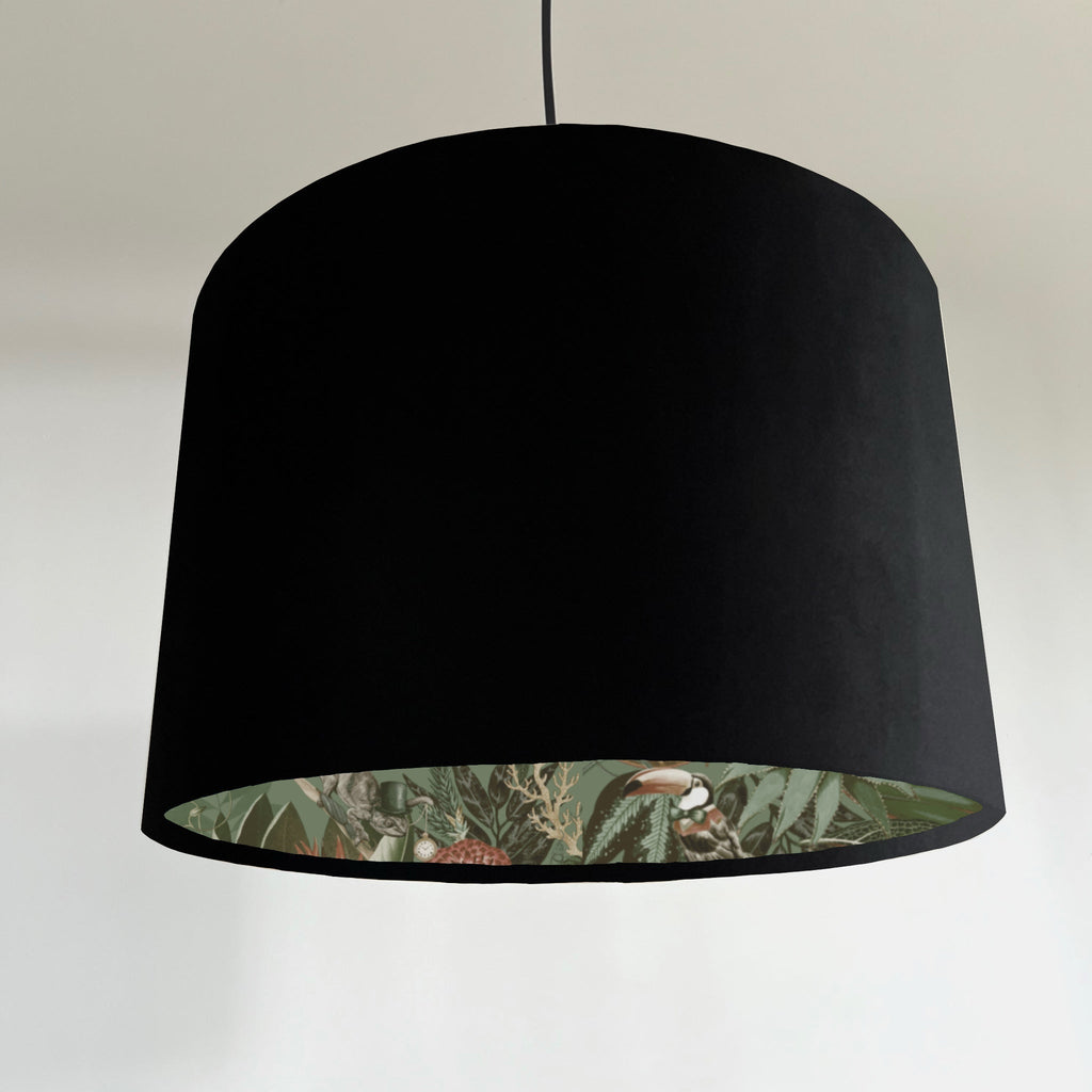 Black velvet drum lampshade/ ceiling light shade with sage wonderland paper interior
