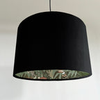 Black velvet drum lampshade/ ceiling light shade with sage wonderland paper interior