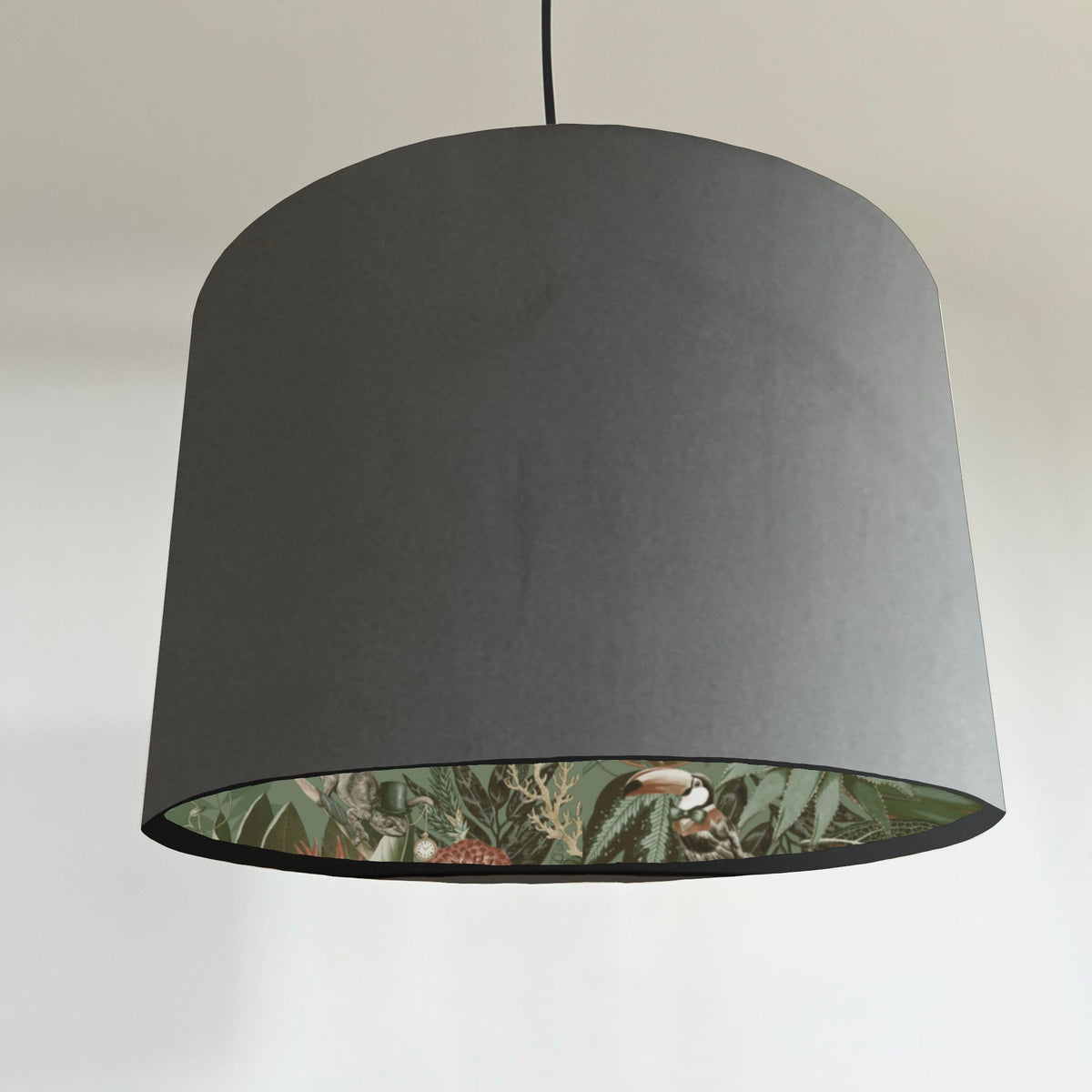 Grey velvet wonderland drum lampshade, double sided lampshade with sage wonderland paper on interior