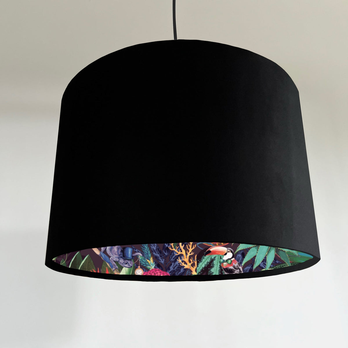 Black velvet drum lampshade/ ceiling light shade with wonderland paper interior