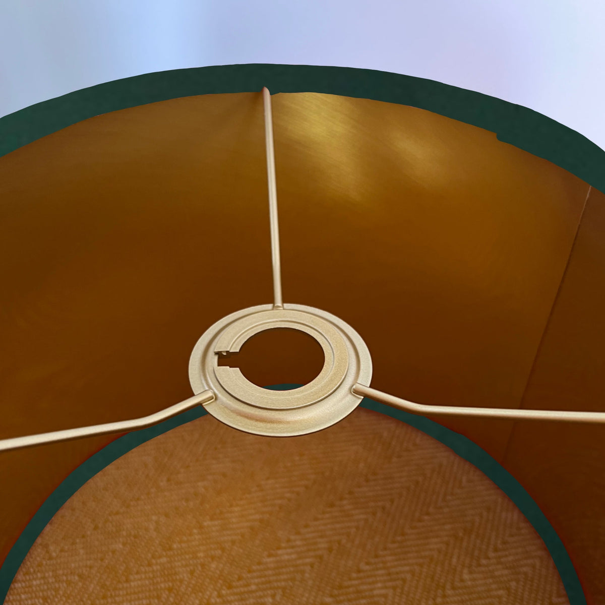 Green velvet drum lampshade/ ceiling shade with a metallic brushed gold lining