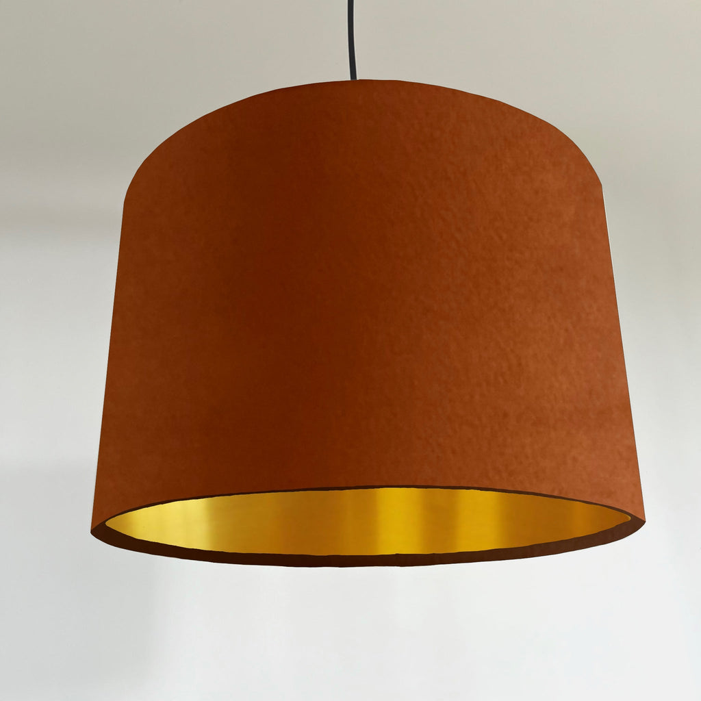 Burnt Orange velvet drum lampshade/ ceiling shade with a metallic brushed gold lining