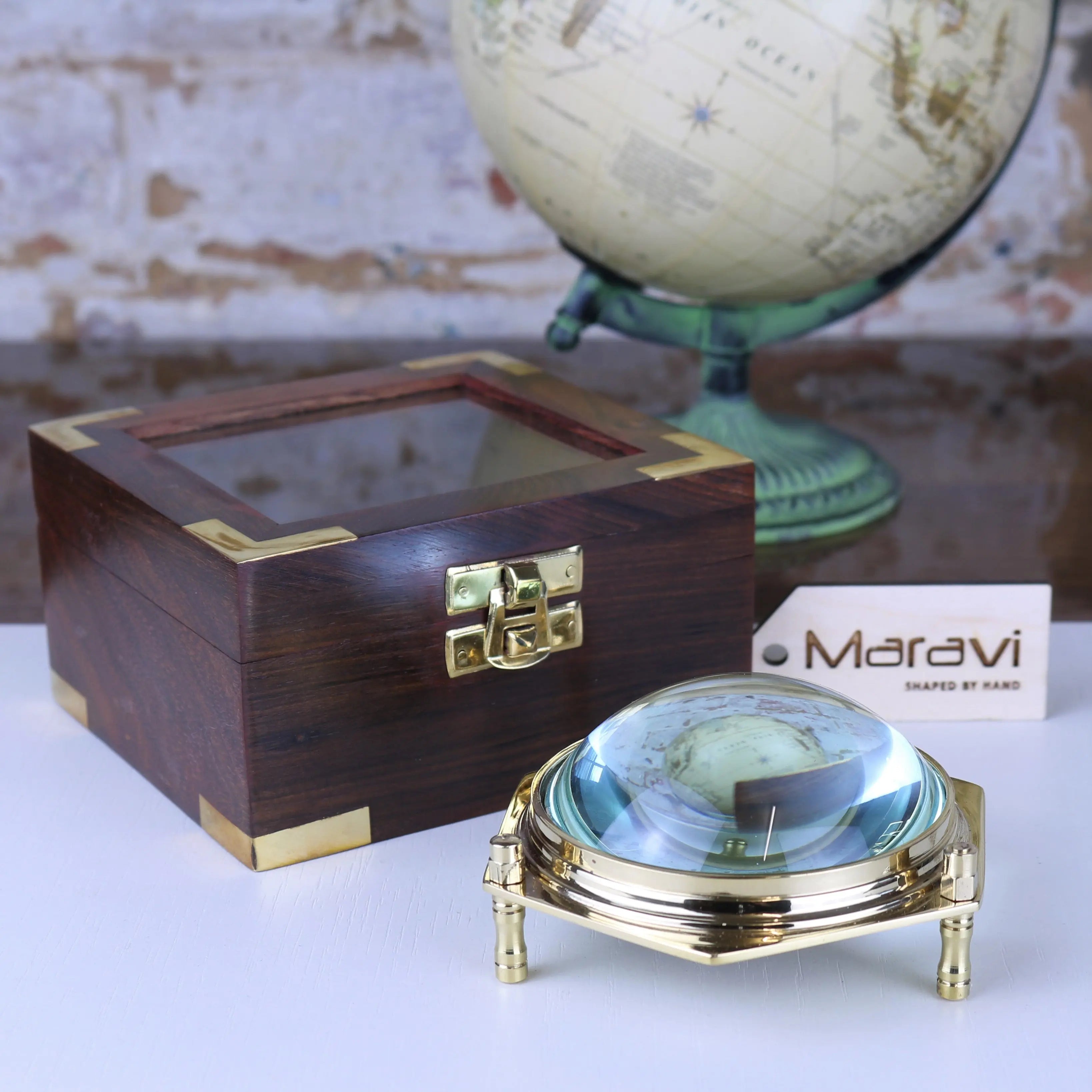 Goli Domed Magnifying Glass Paperweight in Wooden Box